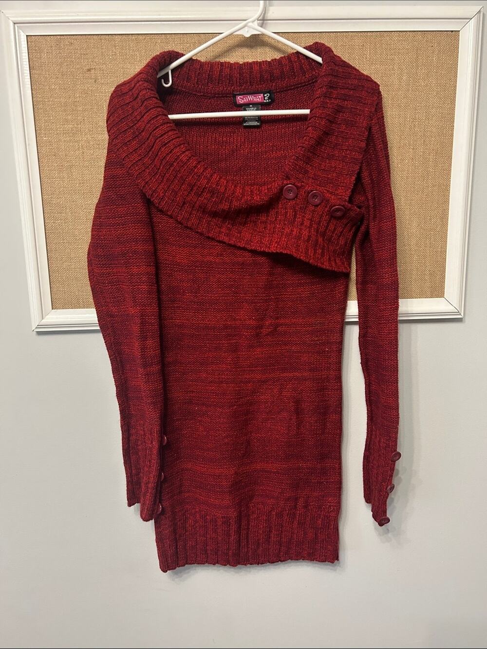 Say What? Red Asymmetrical Cowl Button Sweater